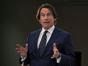 Quebecor CEO Pierre Karl Peladeau speaks during public hearings at the CRTC in Gatineau, Quebec, Wednesday April 17, 2019.