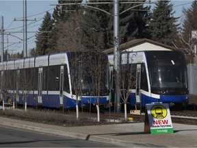 LRT trains sit parked on the under construction Valley Line LRT near 66 Street and 36A Avenue, in Edmonton.