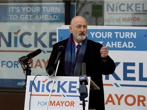 Edmonton mayoral candidate Mike Nickel addresses what he says are discrepancies in financial reporting, whistleblowers, recent FOIP documents and missing audit reports at the City of Edmonton, during a press conference outside his campaign office, Wednesday Oct. 6, 2021. Photo by David Bloom