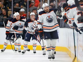 Edmonton Oilers forward Leon Draisaitl celebrates his second-period goal on the Vegas Golden Knights during NHL action on Oct. 22, 2021, at TiMobile Arena in Las Vegas.