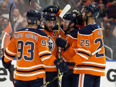The Edmonton Oilers celebrate Leon Draisaitl's first period goal against the Anaheim Ducks during NHL action at Rogers Place in Edmonton on Tuesday, Oct. 19, 2021.