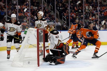 The Anaheim Ducks' goalie Anthony Stolarz (41) reacts to a goal by the Edmonton Oilers' Evan Bouchard (75) during third period NHL action at Rogers Place, in Edmonton Tuesday Oct. 19, 2021.