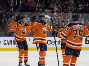 The Edmonton Oilers' Zack Kassian (44) celebrates his goal against the Anaheim Ducks during third period NHL action at Rogers Place, in Edmonton Tuesday Oct. 19, 2021.