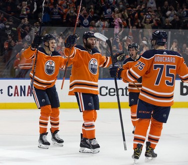 The Edmonton Oilers' Zack Kassian (44) celebrates his goal against the Anaheim Ducks during third period NHL action at Rogers Place, in Edmonton Tuesday Oct. 19, 2021.