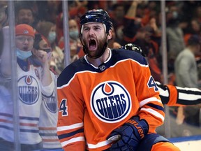 The Edmonton Oilers' Zack Kassian (44) celebrates a goal against the Anaheim Ducks at Rogers Place in Edmonton on Oct. 19, 2021.