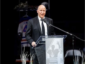 Former Edmonton Oilers defenceman Kevin Lowe speaks during the retirement of his jersey number prior to the game between the Edmonton Oilers and the New York Rangers at Rogers Place on Friday, Nov. 5, 2021