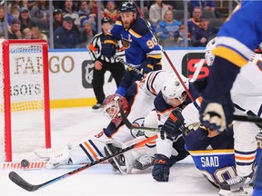 Mikko Koskinen (19) of the Edmonton Oilers makes a save against the St. Louis Blues at Enterprise Center on Nov. 14, 2021, in St Louis, Mo.