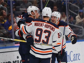 Zach Hyman #18 of the Edmonton Oilers celebrates a goal against the St. Louis Blues during the second period at Enterprise Center on November 14, 2021 in St Louis, Missouri.