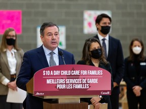 Alberta Premier Jason Kenney speaks during a joint federal-provincial announcement of $10-a-day daycare at Boyle Street Plaza in Edmonton, on Monday, Nov. 15, 2021. Photo by Ian Kucerak
