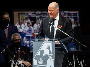 Former Edmonton Oilers player Kevin Lowe speaks during his jersey  retirement ceremony before the Oilers take on the New York Rangers in an  NHL hockey game, Friday, Nov. 5, 2021 in Edmonton