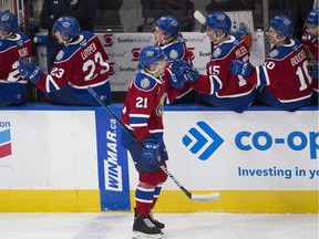 Edmonton Oil Kings Jake Neighbours celebrates his goal with teammates against the Prince Albert Raiders during second period WHL action on Friday, Nov. 19, 2021 in Edmonton.   Greg Southam-Postmedia