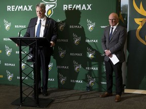 Ian Murray, (left) Chair of the Board of Directors, Edmonton Elks, and Allan Watt, (right) Interim Chief Operating Officer announce that the Edmonton Elks Football Club has terminated the contracts of President and CEO Chris Presson, General Manager and Vice President of Football Operations Brock Sunderland and Head Coach Jaime Elizondo on Monday, Nov. 22, 2021 in Edmonton.   Greg Southam-Postmedia