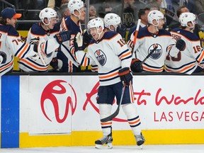 Edmonton Oilers left wing Zach Hyman (18) celebrates after scoring a first period goal against the Vegas Golden Knights at T-Mobile Arena.