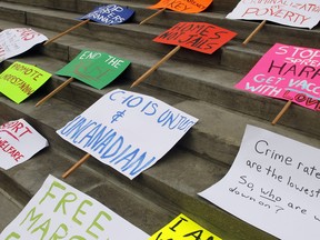In this Nov. 26, 2011 file photo, signs from a demonstration by members of 'OCCUPY' Ottawa united with Families for Fiscal and Social Responsibility against Bill C-10 is on Parliament Hill.
