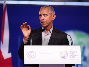 Former U.S. President Barack Obama delivers a speech while attending COP26 at SECC in Glasgow, Scotland, Monday, Nov. 8, 2021.