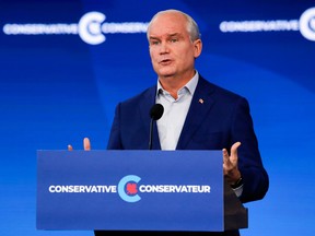 Conservative party Leader Erin O'Toole speaks at a press conference in Ottawa, Sept. 21, 2021.