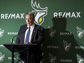 Edmonton Elks board chair Ian Murray announces the dismissal of president and CEO Chris Presson, general manager and vice-president of football operations Brock Sunderland and head coach Jaime Elizondo on Nov. 22, 2021 in Edmonton.