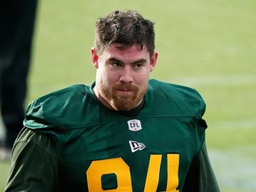 Edmonton Elks defensive lineman Jake Ceresna practices in Edmonton on Wednesday, Nov. 3, 2021, where the team was preparing for their last home game on Friday, Nov. 5, 2021, against the Saskatchewan Roughriders.