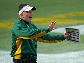 Edmonton Elks head coach Jaime Elizondo runs team practice in Edmonton on Wednesday, Nov. 3, 2021, in preparation for their last home game on Friday, Nov. 5, 2021, against the Saskatchewan Roughriders.