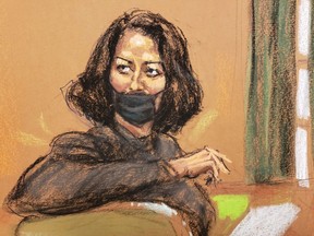 This courtroom sketch in New York City shows Ghislaine Maxwell during jury selection of her trial in which she is accused of sex trafficking, Nov. 17, 2021.