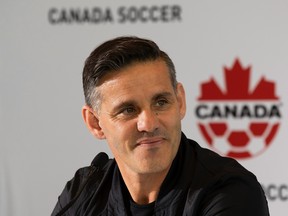 Canadian men's national soccer team head coach John Herdman announces details on ticket sales for the two upcoming World Cup Qualifiers in Edmonton during a press conference on Oct. 19, 2021, in Edmonton.