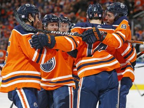 The Edmonton Oilers celebrate a third-period goal by forward Kyle Turris (8) against the Seattle Kraken at Rogers Place on Monday, Nov. 1, 2021.