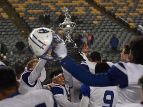 The Harry Ainlay high school Titans hoist the Metro championship at Commonwealth Stadium on Nov. 8, 2019.