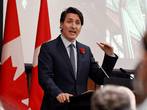 Prime Minister Justin Trudeau speaks during a Liberal caucus meeting on Nov. 8, 2021.