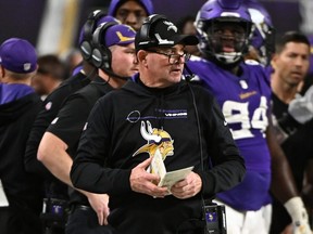 Vikings head coach Mike Zimmer looks on against the Cowboys at U.S. Bank Stadium in Minneapolis, on Oct. 31, 2021.