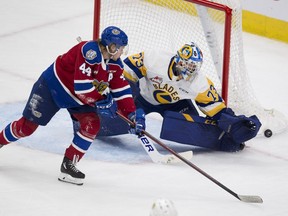 Edmonton Oil Kings Carter Souch can't score on Saskatoon Blades goaltender Nolan Maier during first period WHL action on Sunday, Nov. 28, 2021  in Edmonton.