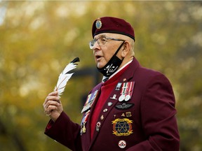 Indigenous veteran Wally Sinclair takes part in the Indigenous Veterans Day ceremony at the Alberta legislature in Edmonton on Monday, Nov. 8, 2021.