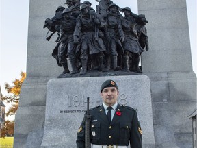 Cpl. Justin George stands at the National War Memorial in Ottawa on Nov. 8, 2021. George is one of six Canadian Armed Forces members chosen to participate in Remembrance Day ceremony Canada's capital.