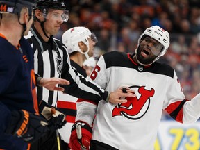 Edmonton Oilers' Zack Kassian (44) and New Jersey Devils' P.K. Subban (76) exchange words at Rogers Place in Edmonton on Nov. 8, 2019.