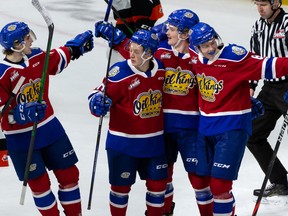 Members of the Edmonton Oil Kings celebrate a goal against the Medicine Hat Tigers during first period WHL action at Rogers Place in Edmonton, on Friday, Dec. 3, 2021.