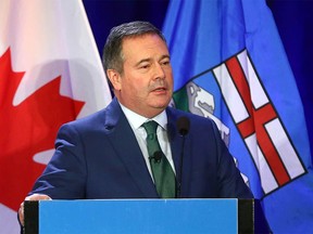 Alberta Premier Jason Kenney speaks during a noon hour speech at a Calgary Chamber of Commerce event in Calgary at the Westin Hotel on Wednesday, December 8, 2021.