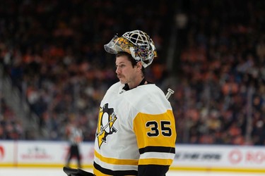 Pittsburgh Penguins' goaltender Tristan Jarry (35) is seen during first period NHL action versus the Edmonton Oilers at Rogers Place in Edmonton, on Wednesday, Dec. 1, 2021.