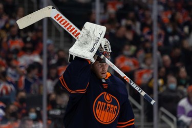 Edmonton Oilers' goaltender Mikko Koskinen (19) plays the Pittsburgh Penguins during second period NHL action at Rogers Place in Edmonton, on Wednesday, Dec. 1, 2021.