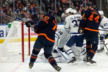 Edmonton Oilers' Colton Sceviour (70) scores a goal on Toronto Maple Leafs' goaltender Jack Campbell (36) during third period NHL action at Rogers Place in Edmonton, on Tuesday, Dec. 14, 2021.