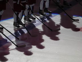 Team Russia players prepare to face Slovakia at the Saddledome in Calgary on Dec. 28,  2011, the last year they won a world junior championship without any players from the major junior leagues in Canada. They are looking to repeat the feat again this time in Edmonton and Red Deer.