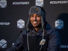 Hamilton Tiger-Cats head coach Orlondo Steinauer takes questions from the media at the Canadian Warplane Heritage Museum during the CFL's Grey Cup week in Hamilton, Tuesday, December 7, 2021. The Hamilton Tiger-Cats will play the Winnipeg Blue Bombers in the 108th Grey Cup on Sunday.
