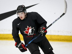 Jake Neighbours skates during a practice at the Canadian World Junior Hockey Championships selection camp in Calgary, Alta., Saturday, Dec. 11, 2021.