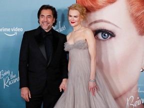 Cast members Nicole Kidman and Javier Bardem pose during the premiere for the film Being the Ricardos at the Academy Museum of Motion Pictures in Los Angeles, December 6, 2021.