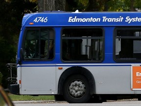 An Edmonton Transit System bus travels eastbound along 105 Avenue in the Glenora neighbourhood in Edmonton on Sept. 14, 2015.