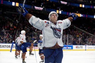 The Edmonton Oil Kings' Luke Prokop (6) celebrates the Oil Kings third goal against the Moose Jaw Warriors during first period WHL action at Rogers Place, in Edmonton Saturday Dec. 4, 2021.