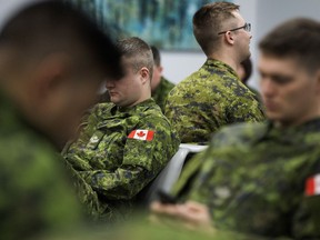 Soldiers from 3rd Canadian Division wait to ship out for the Ukraine as part of Operation Unifier, at the Edmonton International Airport Friday, March 3, 2017.