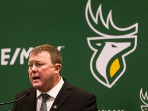 Chris Jones speaks to the media as he is introduced as the new Edmonton Elks general manager and head coach in Edmonton on Dec. 21, 2021.