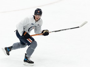 Dylan Holloway practises for the first time with the Edmonton Oilers at Rogers Place in Edmonton on Jan. 7, 2022.