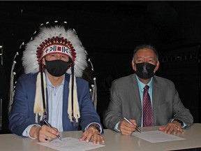 Treaty 6 Grand Chief and Alexander First Nation Chief George Arcand Jr., right, and Chief Tony Alexis of the Alexis Nakota Sioux Nation are shown together in 2019. The two are part of a coalition that recently formed the First Nation Capital Investment Partnership.
