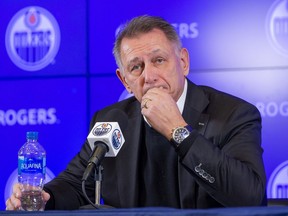 Edmonton Oilers general manager Ken Holland speaks with media on Jan. 11, 2022, in Edmonton.