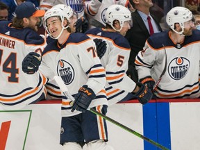 Edmonton Oilers forward Ryan McLeod (71) celebrates his goal against the Vancouver Canucks in the third period at Rogers Arena in Vancouver on Jan. 25, 2022. Oilers won 3-2 in Overtime.
